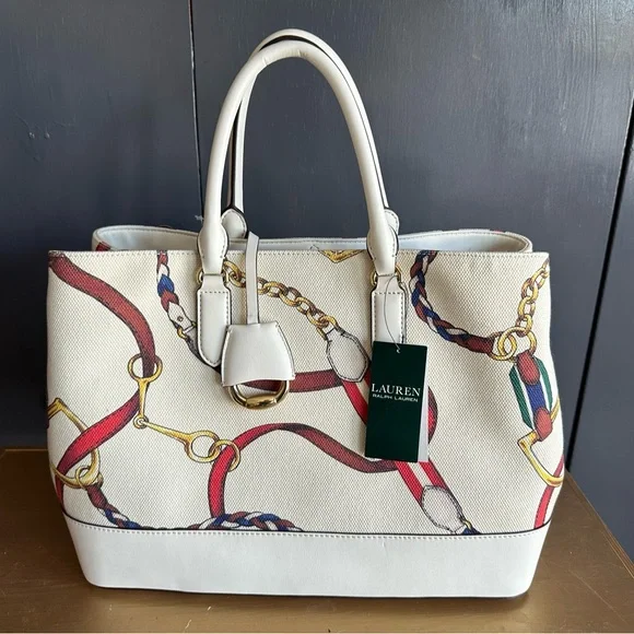 NWT Lauren Ralph Lauren Marcy Equestrian Satchel in “Vanilla Sig Belting” Print - Picture 4 of 4